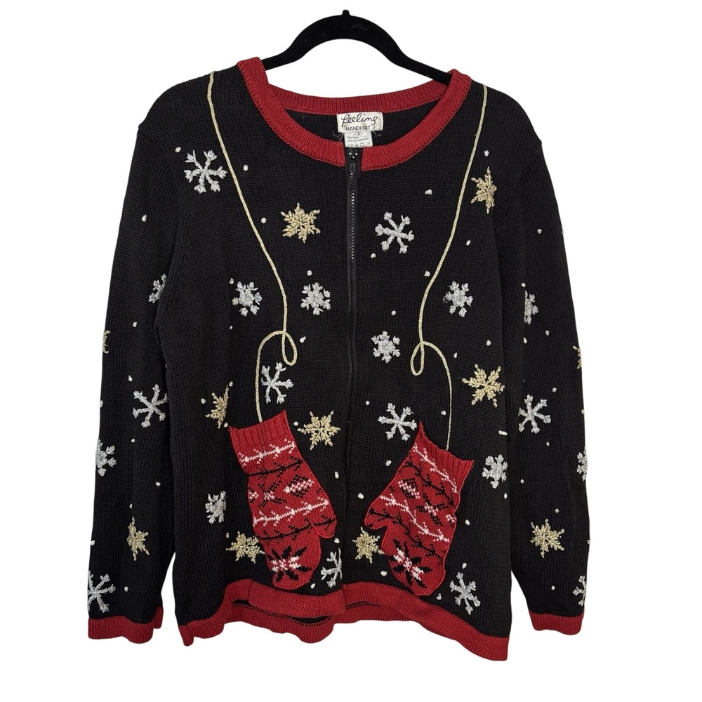 VintageFeeling Handknit Christmas Cardigan Womens Mittens Winter Granny Ugly